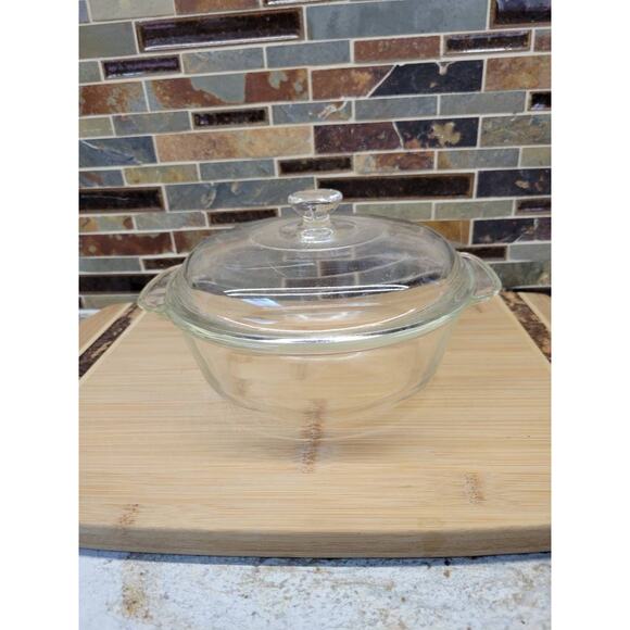 Vintage Fire King Casserole Clear Glass, Lid & Carrier Stainless, 1-1/2 Quart - Picture 2 of 6